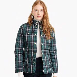 J. Crew Womens Puffer Jacket Size Small Green Tartan Plaid Zip Front (NO BELT)